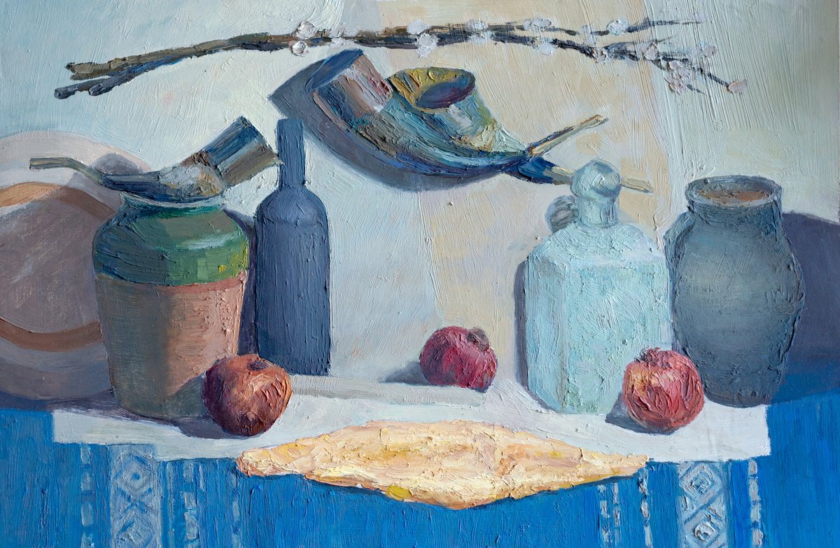 Impressionistic Still Life Oil Painting By Oleksandra Skrypchenko, 24 X 16", Still Life With Pomegranates, Original Artwork