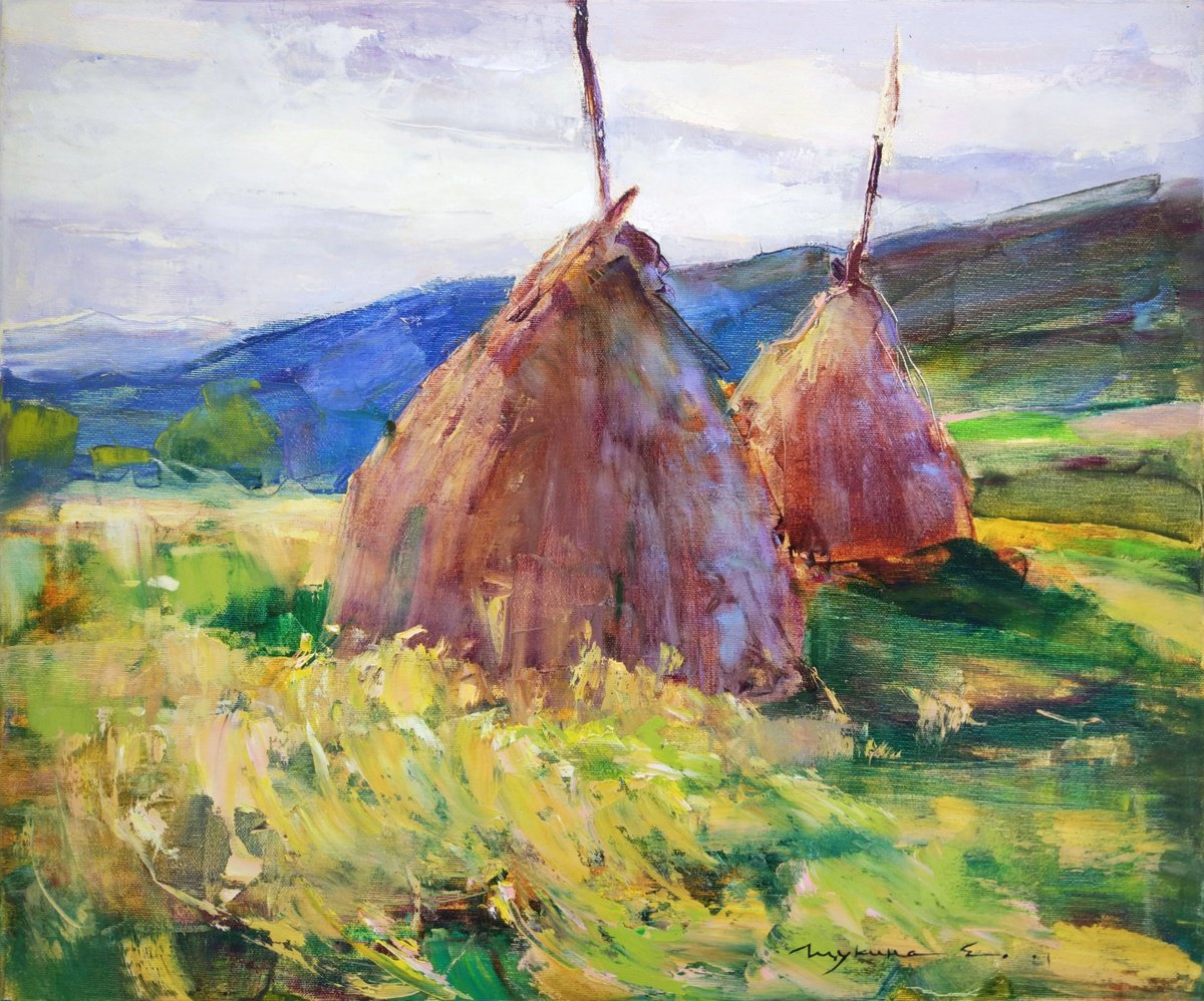 Impressionistic Landscape Oil Painting By Helen Shukina, 24 X 20, Autumn Fields With Haystacks, Original Artwork