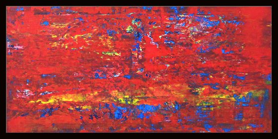 Red salmon river, spatula rough surface, 50x100 cm, warm volor, framed