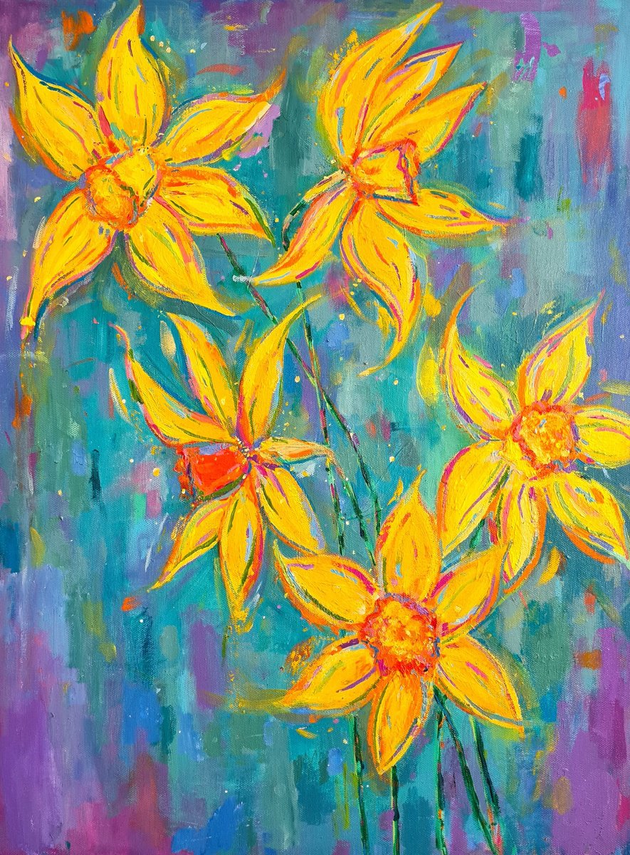 Impressionistic Botanical Acrylic Painting By Dawn Underwood, 18 X 24, Daffodils, Original Artwork