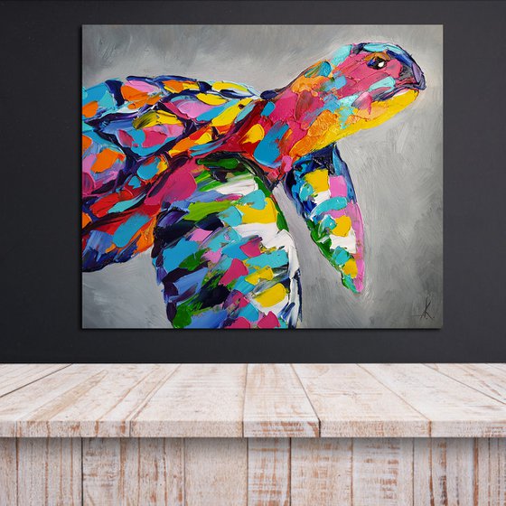 Sea dweller - turtle, sea, animals oil painting, turtle oil painting, gift for kids, for children room