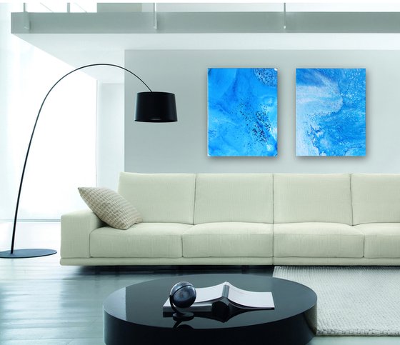 "My Blue Heaven" - FREE USA SHIPPING - Original PMS Abstract Diptych Fluid Acrylic Paintings On Canvas - 32" x 20"