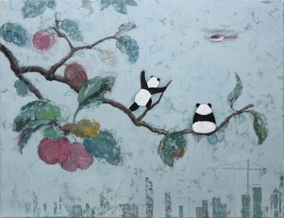 contemporary and impressionism green landscape - modern city - tree and animal pandas - helicopter - Hello Series - No.1 ( Original )