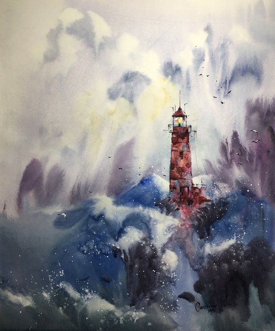 SOLD Watercolor "Sea storm. Red lighthouse”