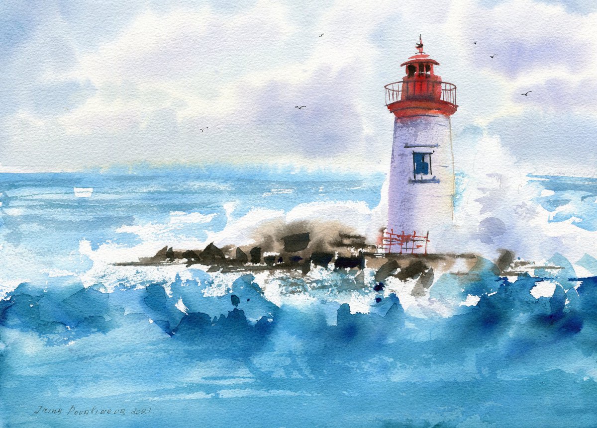 Lighthouse in the storm original watercolor painting with sea , waves, decor for living ro... by Irina Povaliaeva