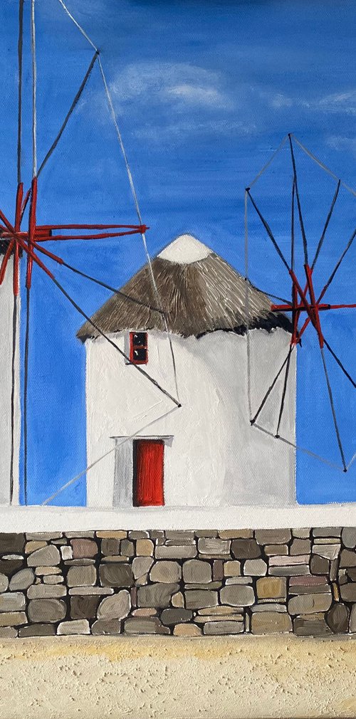 MYKONOS WINDMILLS by MAGGIE  JUKES