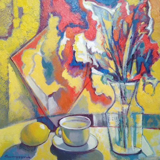 Yellow still life (50x50cm, cubism, oil painting, ready to hang)