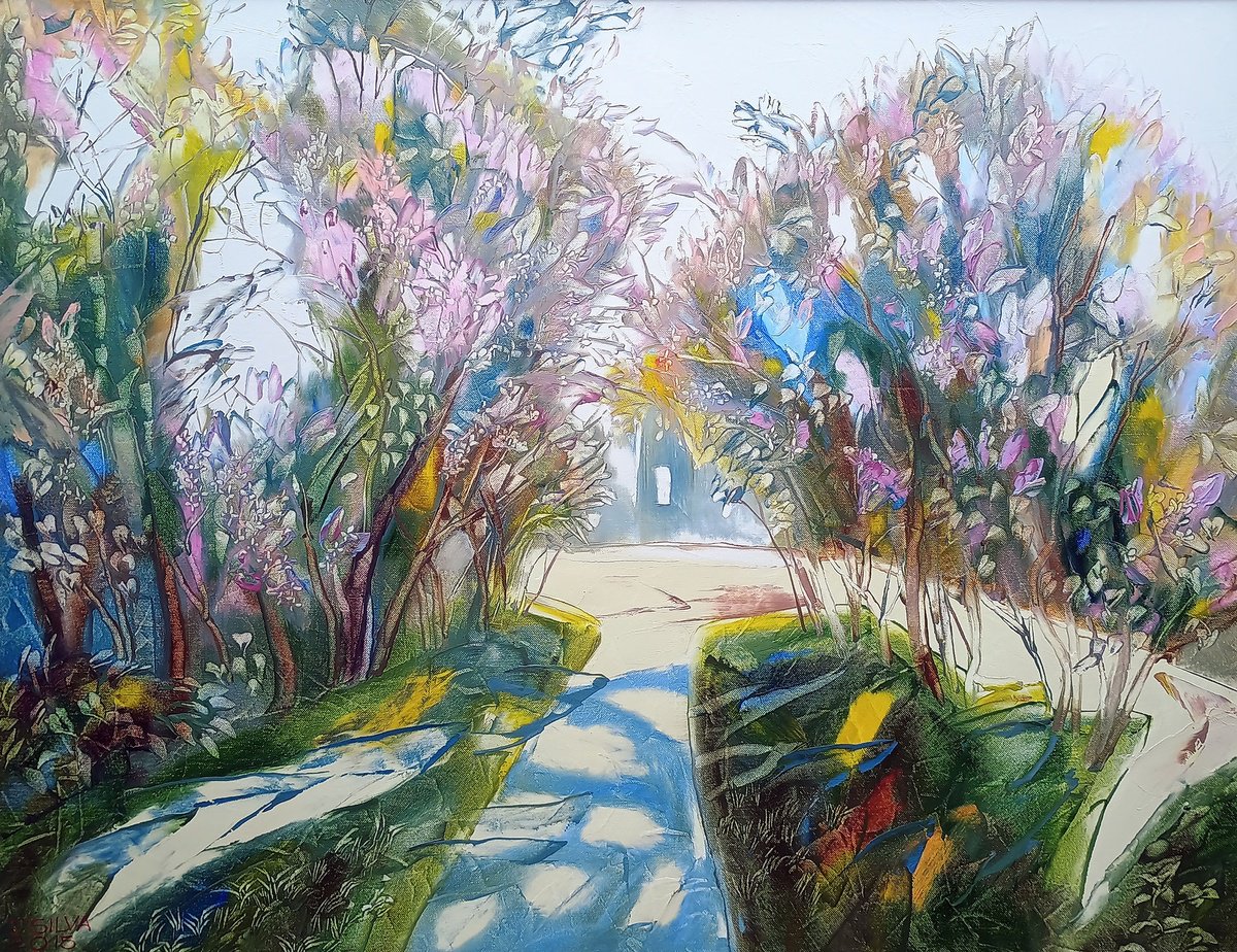 Impressionistic Landscape Oil Painting By Silvija Drebickaite, 36 X 28", Alley Of Lilacs, Original Artwork