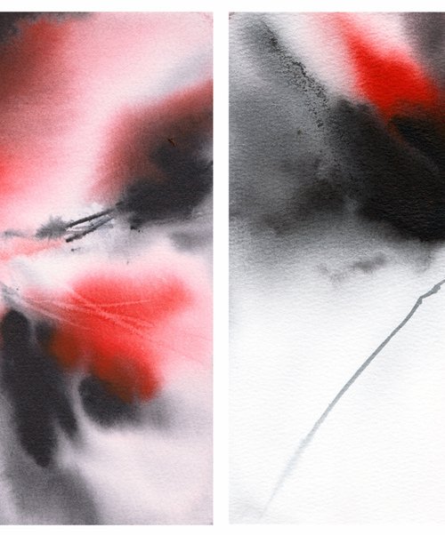 Red abstract flowers diptych by Olga Grigo