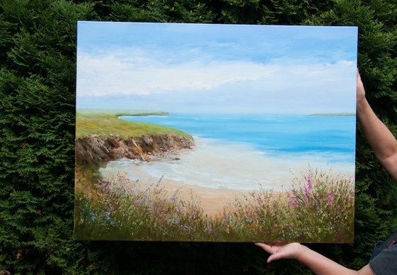 Hills and sea. Oil painting. Seascape. Original Art. Large canvas. 28 x 36.