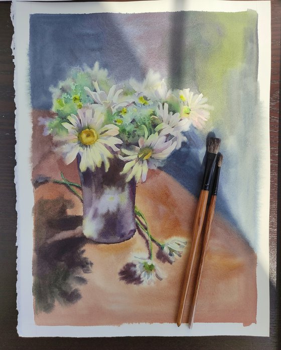 Ukrainian watercolor. Chamomiles in a glass. Stolen spring