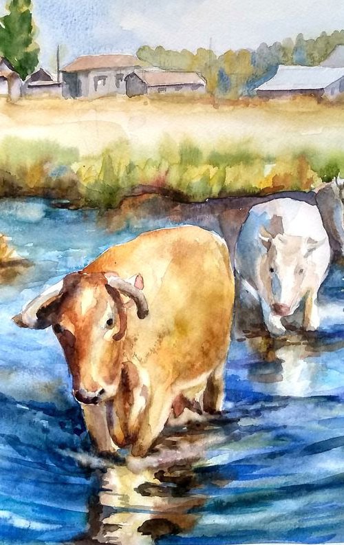 Cow painting - rural life by Ann Krasikova