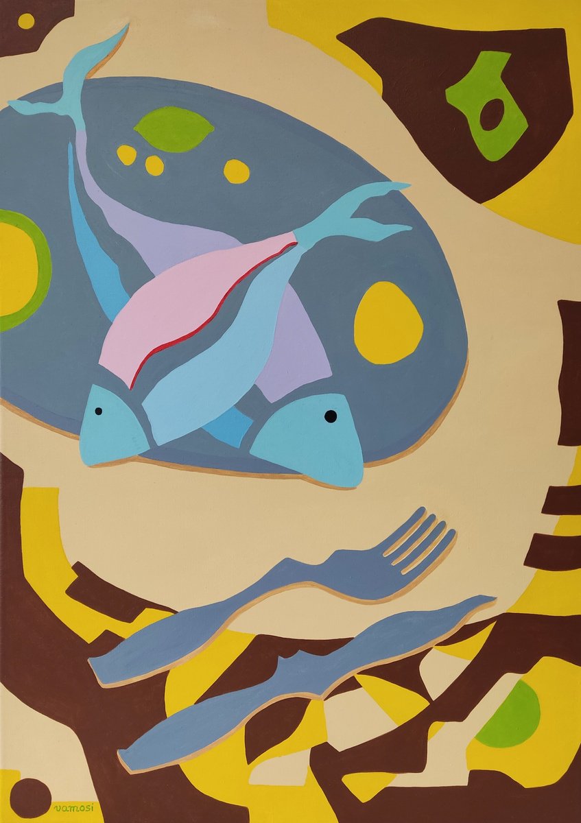 Urban And Pop Still Life Acrylic Painting By Vamosi Peter, 20 X 28", Still Life With Fish 2., Original Artwork