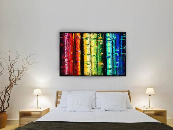 Rainbow A352 Large abstract paintings Palette knife 100x150x2 cm set of 3 original abstract acrylic paintings on stretched canvas