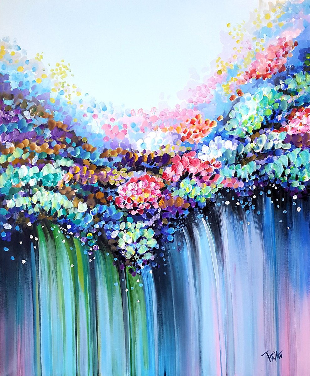 Abstract Botanical Acrylic Painting By Trayko Popov, 33 X 39", Morning, Original Artwork