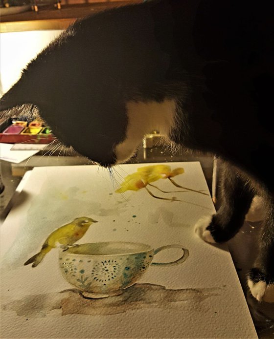 Canary with teacup.