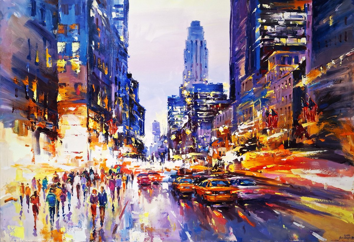 Abstract Cityscapes Oil Painting By Andrej Ostapchuk, 55 X 35, Evening Lights (New York), Original Artwork
