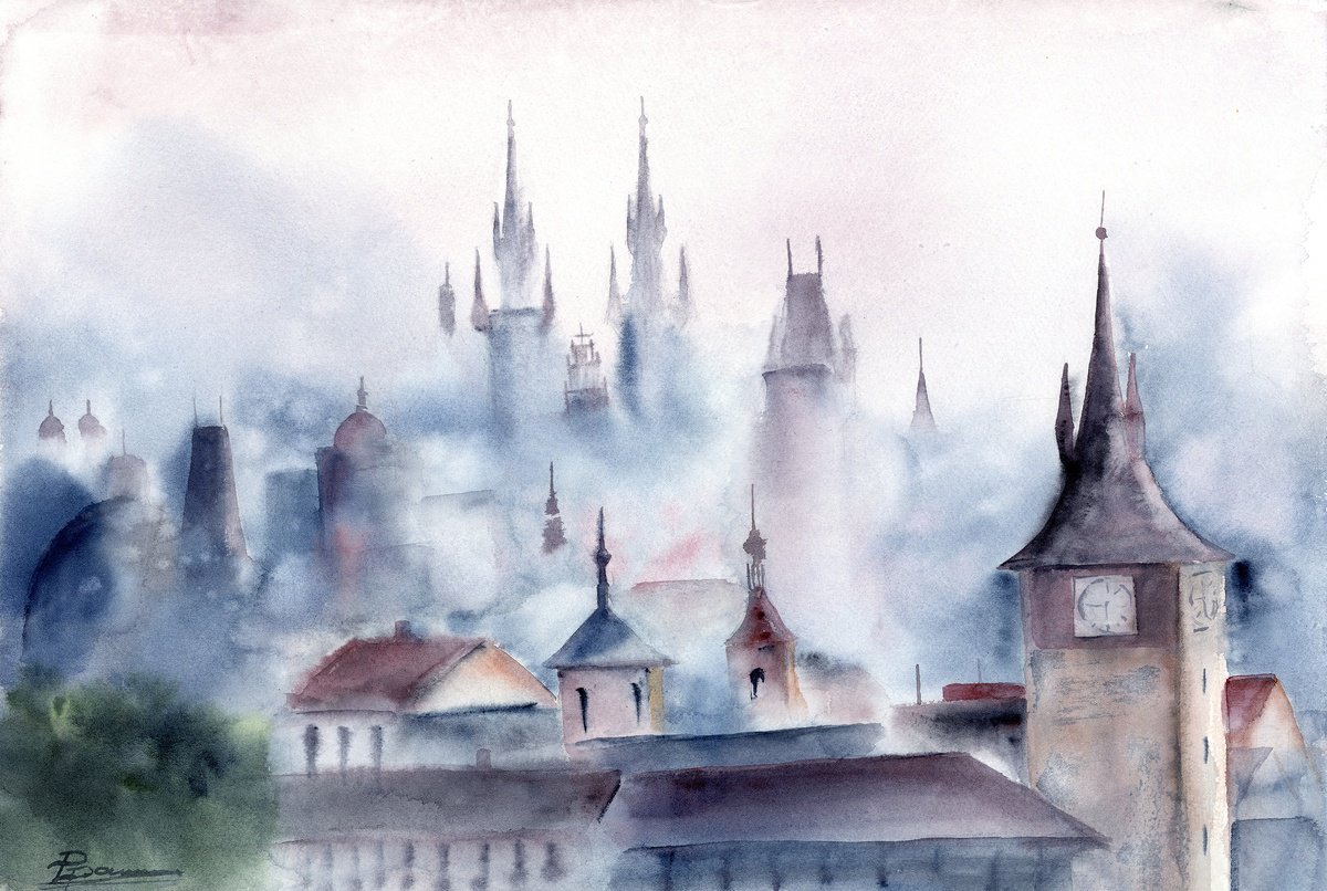 Impressionistic Watercolour , City In Mist By Olga Tchefranov (Shefranov), 18 X 12, Artwork For Sale On Artfinder