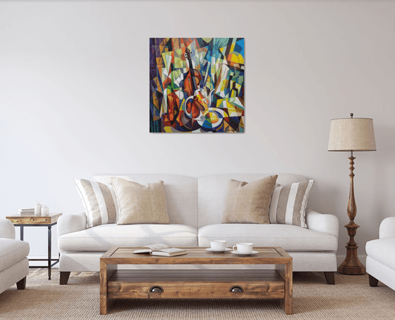 still life with violin (80x80cm, cubism, oil painting, ready to hang)
