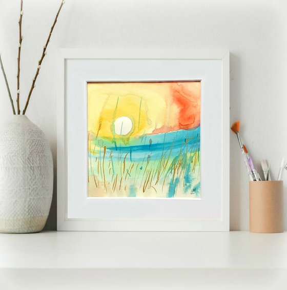 Sun study - mounted watercolour, small gift idea