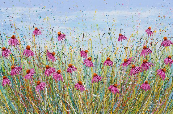 Pink Echinacea- Textured Floral Painting, Palette knife art