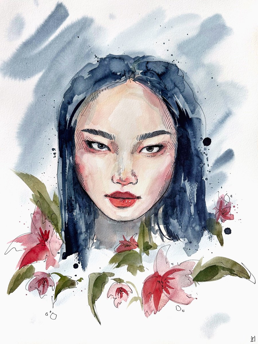 Girl with red flowers by Marina Ogai
