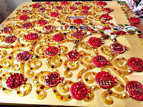 Pomegranate Tree artwork. Golden red art. Decorative wooden relief textured wall hanging sculpture with precious stones and crystal rhinestones. Gift