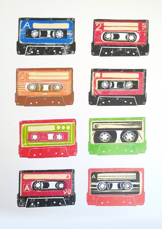 Linocut tapes #41 - framed and ready to hang (cassette tapes, retro music, 70's, 80's rock culture)