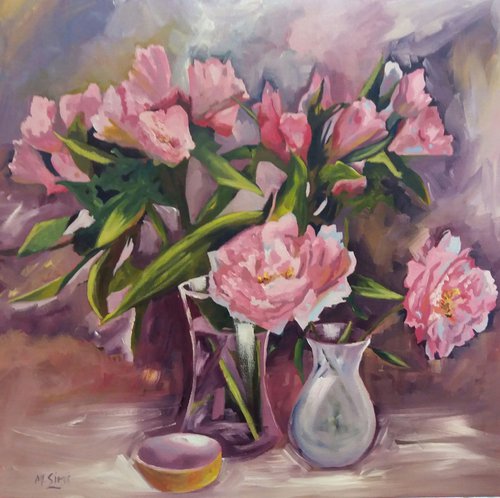Peonies & Inca Lilies (Square floral painting) by Marjory Sime