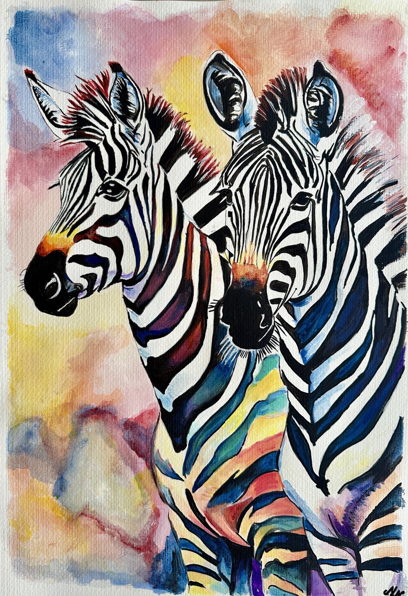 Urban And Pop Animal Painting By Misty Lady - M. Nierobisz, 13 X 19", Joyful Zebras, Original Artwork