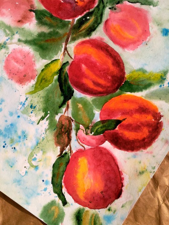 Apples Painting Fruit Original Art Apple Tree Watercolor Apple Branch Artwork Wall Art 17 by 12" by Halyna Kirichenko