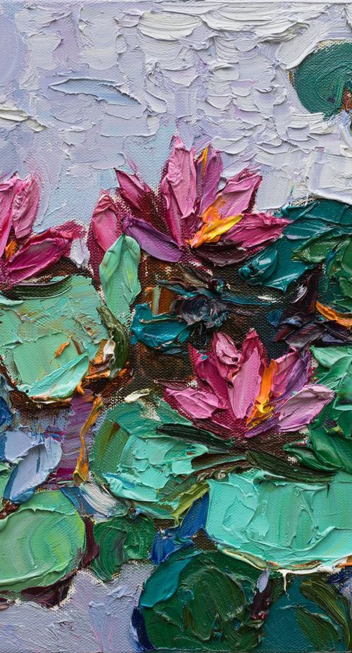 Pink water lilies Original Oil painting by Anastasiia Valiulina