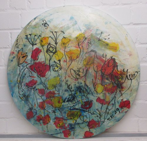abstract spring flowers Oilpainting round canvas 31,5 inch by Sonja Zeltner-Müller