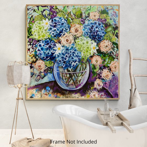 Blue Hydrangea and Roses