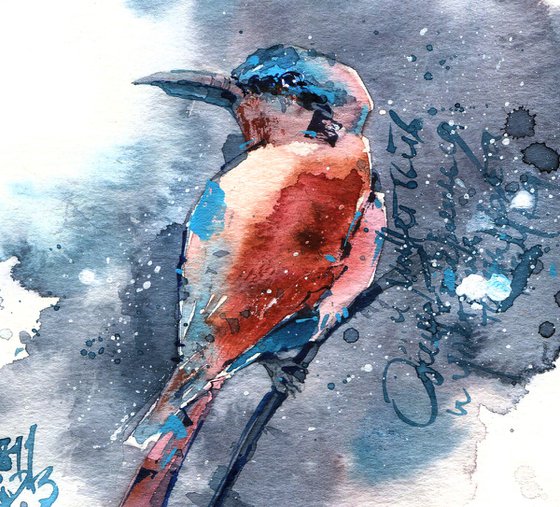 "Instant" - watercolor sketch of a bright red and blue bird on a branch on a gray background