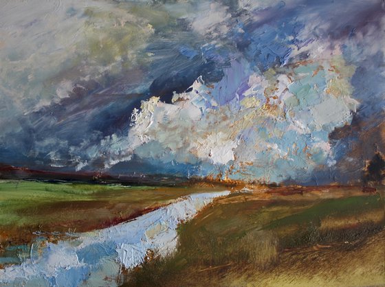 'Storm Coming III' (Sky, Clouds, Dramatic River Landscape Oil Painting).