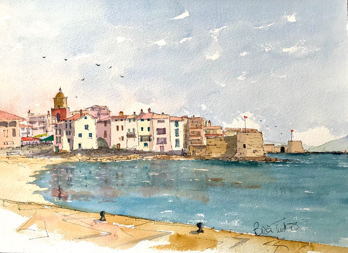 Expressive Landscape Watercolour By Brian Tucker, 14 X 10, La Ponche At St Tropez, Original Artwork