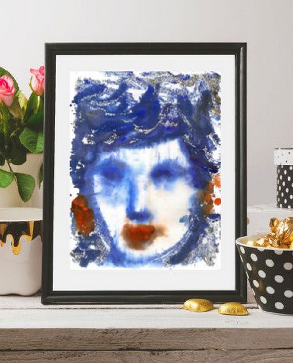 Portrait of  Woman - Classic Blue Woman III  - One of a kind Monotype Print on paper 10.75... by Asha Shenoy