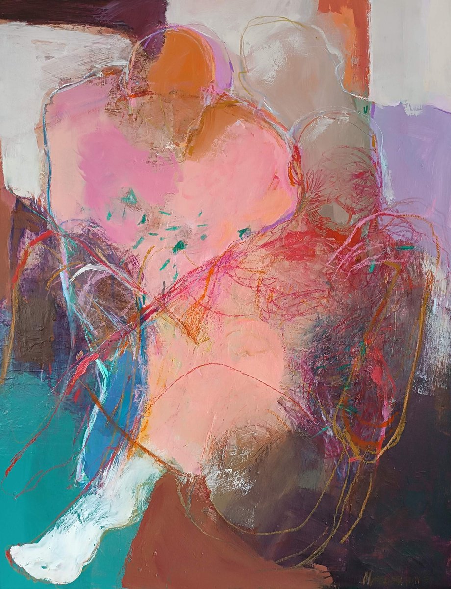 Abstract Portrait Acrylic Painting By Magdalena Morey, 28 X 35", Layers Of Conversation, Original Artwork