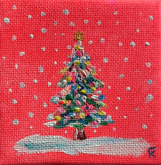 Christmas tree original mini acrylic painting on canvas, New Year pine tree picture on easel