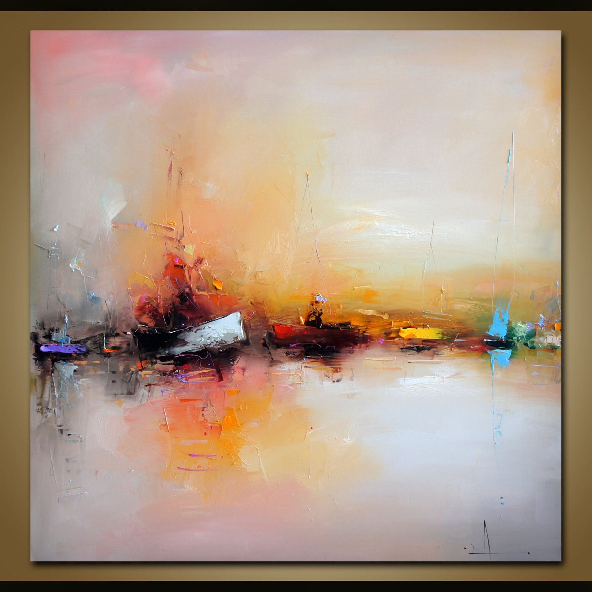 Expressive Landscape Oil Painting By Stanislav Lazarov, 39 X 39", Port Of Memories, Original Artwork