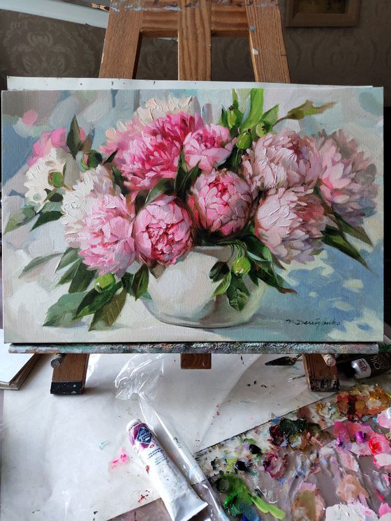 Pink peony painting original canvas art, Flowers art painting, Floral still life