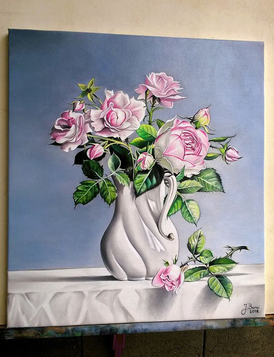 STILL LIFE WITH PINK ROSES , ORIGINAL OIL ON CANVAS PAINTING FINE ART