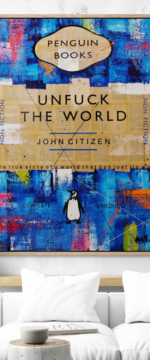 Unfuck The Blue World 140cm x 100cm Textured Book Page Urban Pop Art by Franko
