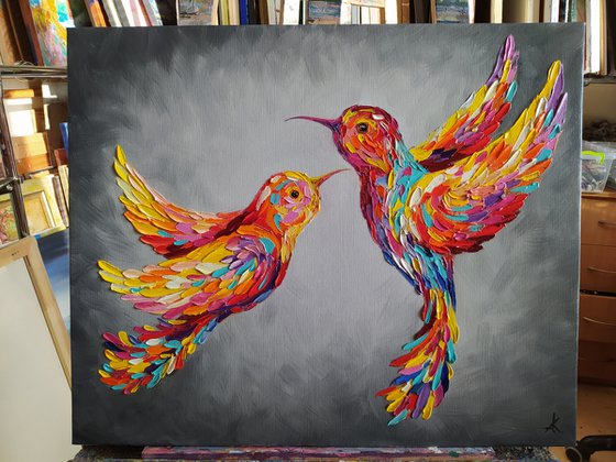 To meet love - birds, hummingbirds, love, animals oil painting, art bird, impressionism, palette knife, gift.