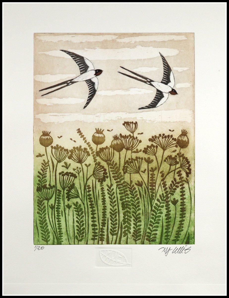 Illustrative Landscape Etchings & Engravings By Mariann Johansen-Ellis, 13 X 17", Summer Sky, Original Artwork