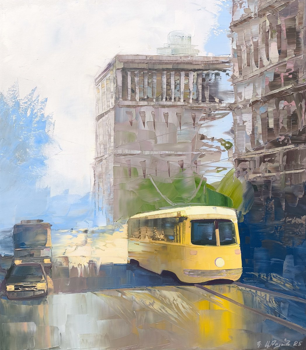 Impressionistic Cityscapes Oil Painting By Kamo Atoyan, 24 X 28", Nostalgic Yellow Tram, Original Artwork