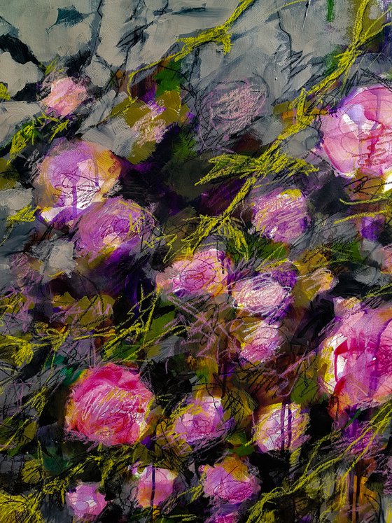 Roses, again and again ! Expressionistic vibrant painting - modern floral - contemporary decorative - LARGE UNSTRETCHED ARTWORK ON PAPER