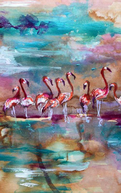 Flamingos / Watercolour by Anna Sidi-Yacoub