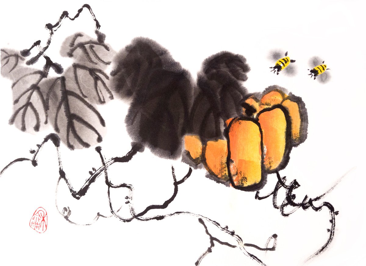 Pumpkin and two bees - Pumpkin series No. 02 - Oriental Chinese Ink Painting by Ilana Shechter
